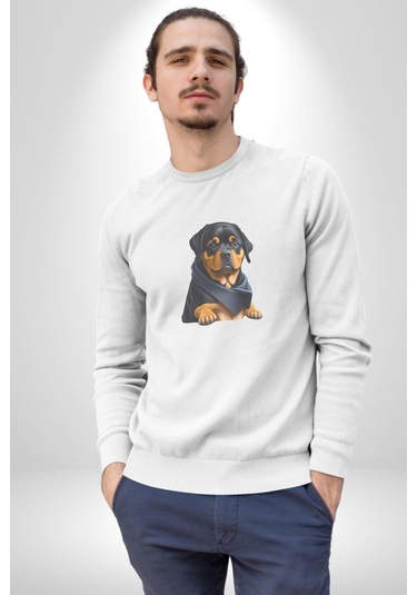 Puppy Köpek Rottweiler Unisex Beyaz Baskılı Sweatshirt Beyaz