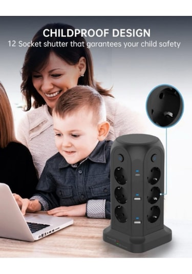 Kule Tipi Priz - Avrupa Standardı - 2 Type-c Portlu - 2 Metre Kablolu - 12 Yuvalı Um46021-1 Yurt Dışından 2 Metre