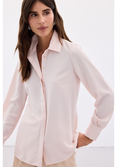 Sateen Klasik Düz Gömlek - Pudra-123674 Pudra