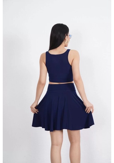 Sendy Kumaş Bisiklet Yaka Crop Şortlu Etek İkili Takım - Lacivert Lacivert