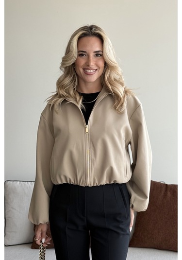 Camel Crop Bomber Ceket Camel