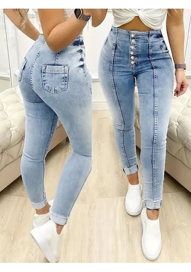 Leyla Sanat Sanata Yeni Bir Bakış Açısı Kadın Yüksek Bel Önden Düğmeli Jean Pantolon Mavi