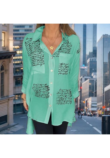 Kadın Yaz Baskılı Gevşek Günlük Smokin Gömlek Yeşil