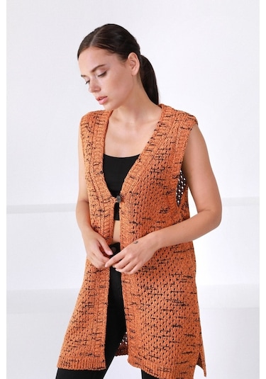 Ferraro Orange V Yaka Yünlü Kadın Triko Yelek Turuncu