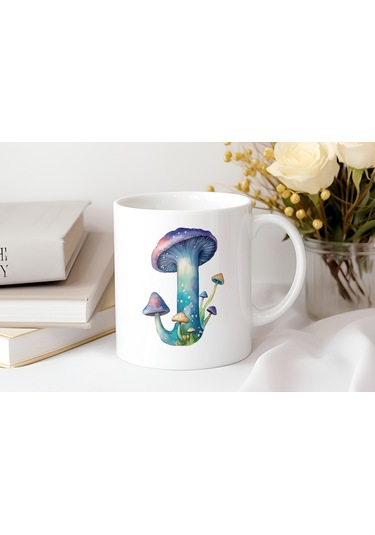 J Baş Harfi Fantastik Mantarlı Kupa Bardak - Kişiye Özel Masalsı Bardak - Hediye Beyaz