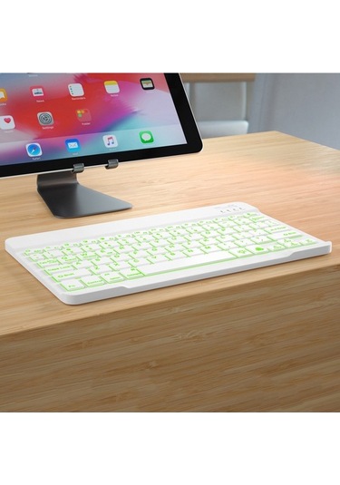 Dancemonkey 10 İnç Kablosuz Bt Klavye, Ultra İnce, Şarj Edilebilir, 7 Renkli Beyaz, Üç Sistem Uyumlu