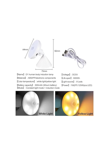 Beyaz Led Usb Şarj Pır Kızılötesi Sensör Gece Lambası Dolaplar, Aile Yatak Odaları, Koridorlar İçin Uygun 8 Lamba Yuvası Beyaz