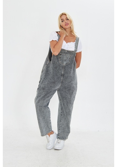 Antrasit Ayarlanabilir Askılı Cepli Oversize Kesim Denim Salopet Antrasit