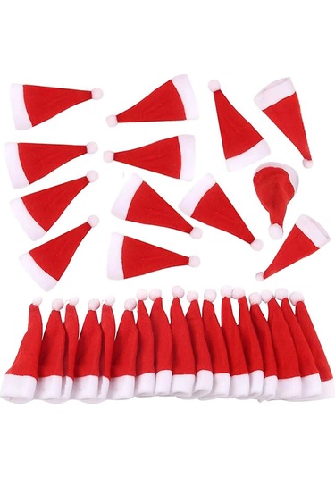 Vkemall Noel Tatlımı Santa Şapka Desenli 12 Cm 30'lu Masa Dekorasyon Seti - Çatal Bıçak Ve Şişe Süsü İçin Dayanıklı Fiber Ve Sahte Süet Malzeme Kırmızı