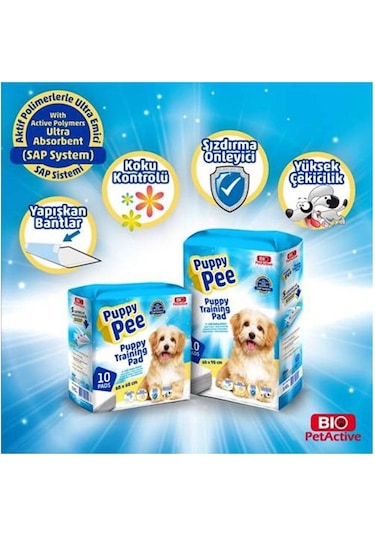 Bio Petactive Puppy Training Yapışkan Bantlı Köpek Çiş Pedi 60 x 60 CM 10'lu