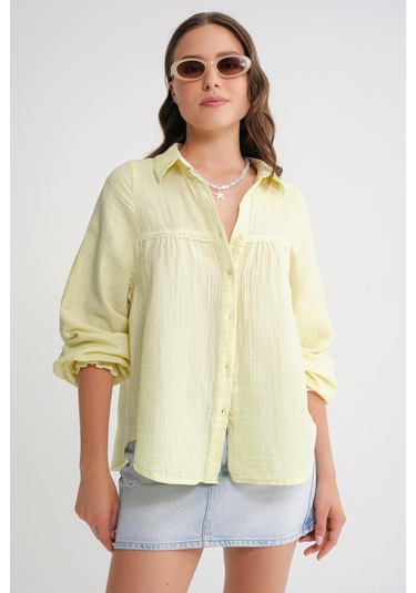 4677 Kadın Dantel Detaylı Müslin Gömlek Tereyağı Sarısı Tereyağı Sarısı