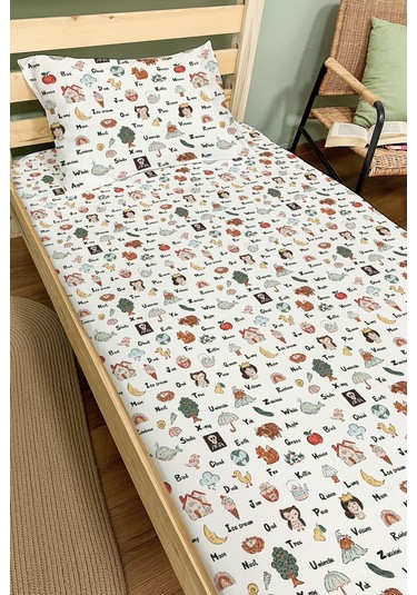 Organik Tek Kişilik Lastikli Çarşaf Seti - Eğlenceli Kelimeler Renkli
