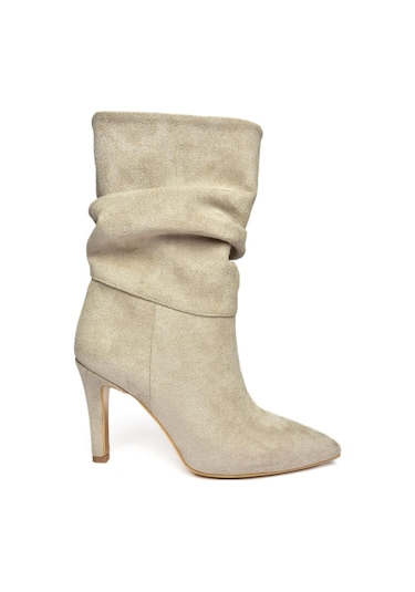 Fox Shoes R404020302 Bej Süet İnce Topuklu Büzgülü Kadın Bot Bej