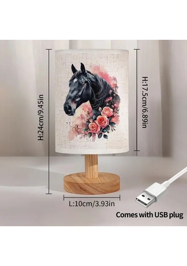 Willowhaven 24x10 Kara At Baskılı Ahşap Renk Masa Lambası Led Işık Usb Şarjlı Yatak Başı Lamba Hediye Füme