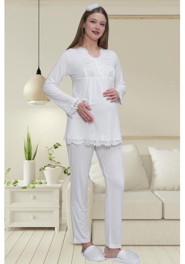 Mecit Pijama Mecit 1519 Bayan Hamile Lohusa Ekru Sabahlık Gecelik Pijama Seti