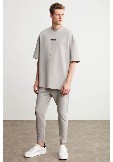 Grimelange Project Erkek Baskı Detaylı Oversize Fit %100 Organik Pamuk Örme Bisiklet Yaka Örme Gri T-shirt