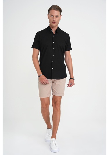 Comfort Fit Düğme Yaka Kısa Kol %100 Keten Düz Siyah Gömlek G 1596 Siyah