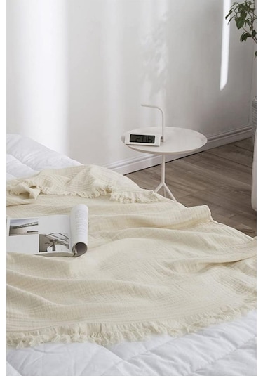 %100 Pamuk Müslin Yatak Örtüsü Seti Tek Kişilik 4 Kat Yumuşak Müslin Pike Takımı Battaniye Krem Krem