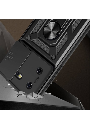 Zore Tecno Pova 5 Kılıf Magnetik Standlı Kamera Korumalı Msra Sürgülü Vega Kapak - Siyah Siyah