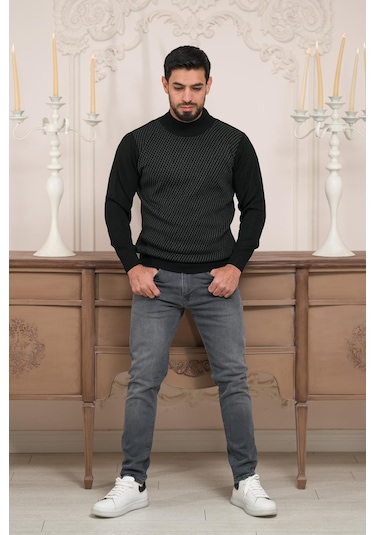 Woolen World Balıkçı Yaka Desenli Yünlü Erkek Triko Kazak Siyah