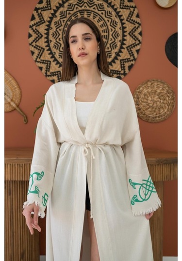 Yeşil Baskı Detay Keten Hırka Çok Renkli