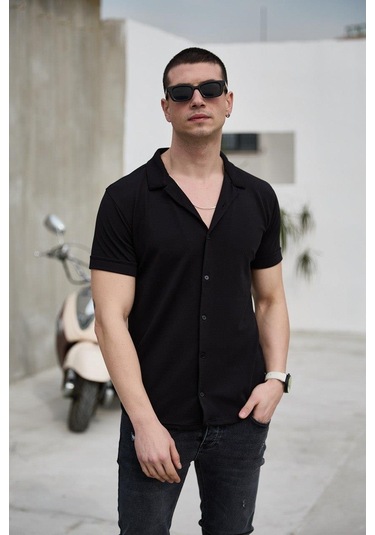 Siyah Renk Dokulu Kısa Kol Erkek Gömlek-1582 Siyah