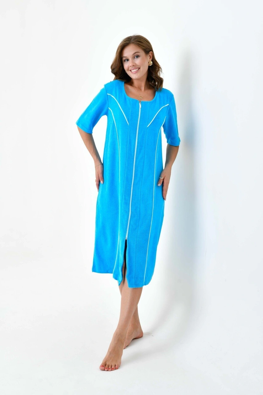 Kadın Yarım Kısa Kol Fermuarlı U Yaka Rahat Kalıp Büyük Beden Curve Ev Plaj Midi Havlu Elbise Mavi