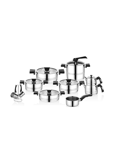 1119 - 18 Parça - İndüksiyonlu Ocak Uyumlu, Paslanmaz Çelik Çeyiz Seti, Gümüş Gövde, Siyah Detay Gümüş