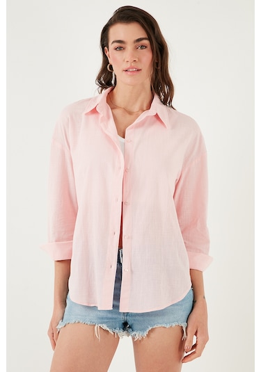 Lela Pamuklu Regular Fit Uzun Kollu Düz Bayan Gömlek Cf25S168305 Açık Pembe