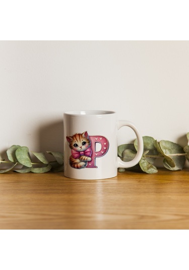P Harfli Bardak, Sevimli Kedili Pembe Tasarım Bardak, Arkadaşa Aileye Hediye Porselen Beyaz