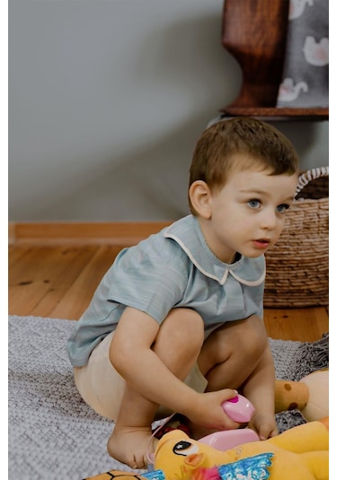 Totzee Keten Bebe Yaka Pileli Üst Nil Mavisi Mavi