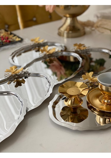 Paslanmaz Çelik Kelebek Aksesuarlı Oval Model 6 Adet Sunum Tepsisi Gümüş