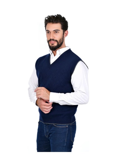 Kamalı Lacivert Erkek Çelik Örgü Intersiye Kışlık Kalın Triko V Yaka Triko Örgü Tüylenmez Süveter Lacivert