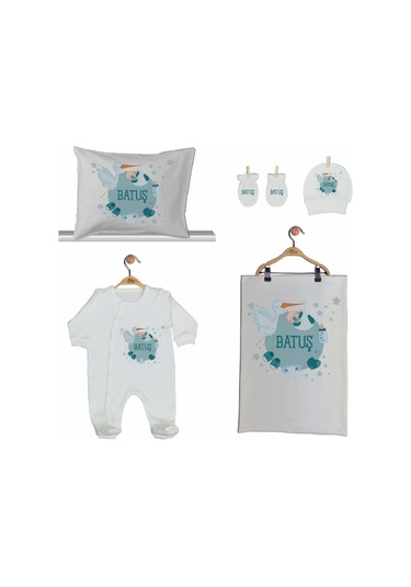 Pia Baby Gl 2004 İsme Özel Leylekli Beşli Tulum Set Mavi