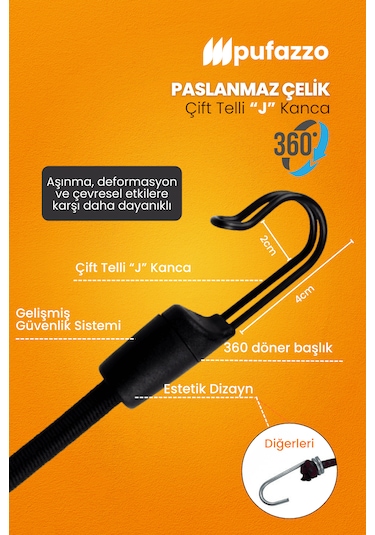 Pufazzo Kancalı Bagaj Lastiği 3 Adet - Bagaj Gergi Lastiği Turuncu 90cm 3 Adet