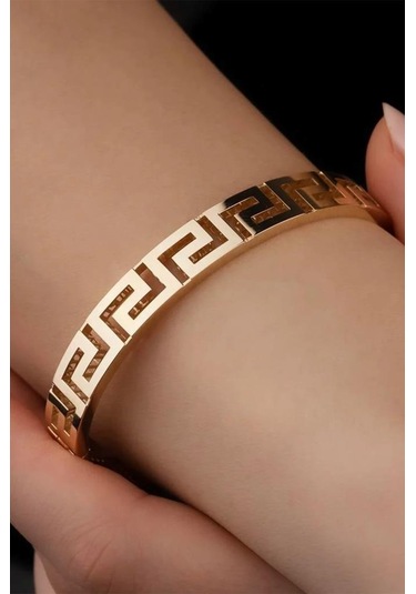 Grek Desenli Çelik Kadın Bileklik Altın