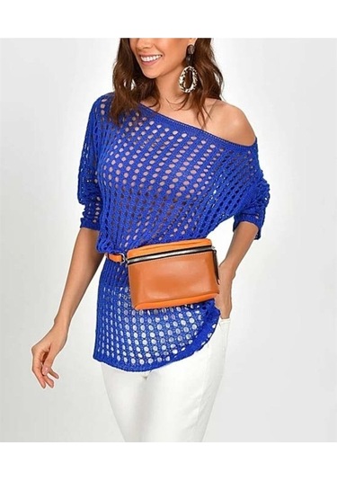 Kadın File Triko Saks Mavisi Bluz-Saks