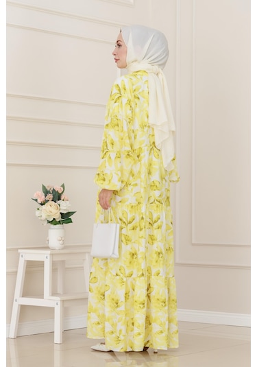 Kuşaklı Çiçekli Lina Elbise-sarı-5262 Sarı