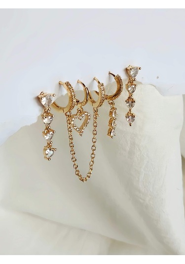 6'lı Kalp Baget Model Altın Kaplama Gold Küpe Seti Sarı