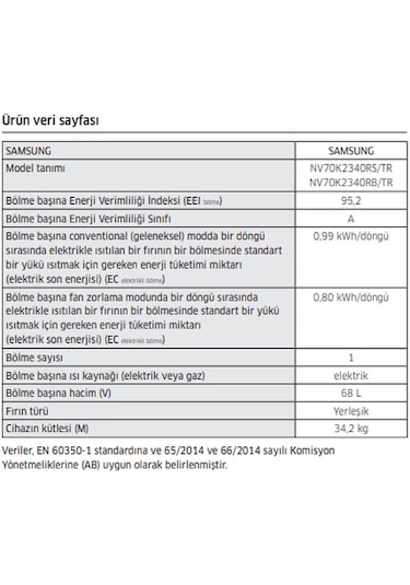 Samsung NV70K2340RB 70 LT Ankastre Fırın