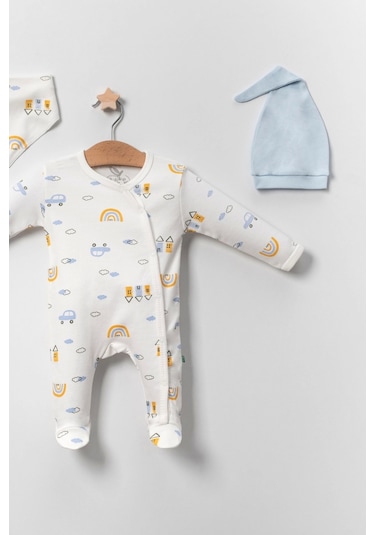 Babydonat Araba Desenli Mavi 4'lü Erkek Bebek Tulumu Mavi