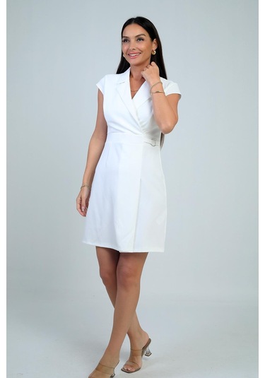 Kadın Kruvaze Yaka Toka Detaylı Eteği Pileli Likralı Krep Elbise-41677 Ekru