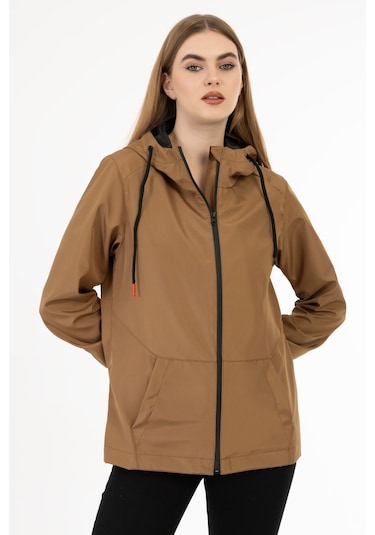 Kadın Taba Içi Astarlı Su Geçirmez Ve Rüzgara Dayanıklı Kapüşonlu Cepli Yağmurluk - Rüzgarlık Taba