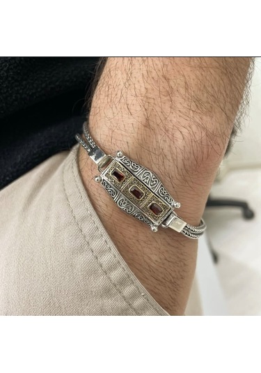 Simurg Jewellery 925 Ayar Gümüş Kırmızı Taşlı Erkek Bileklik