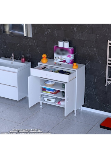 Modilayn Emir 75 X 88 X 32,5 Cm 1 Çekmece 2 Kapak 3 Raf 4 Bölme Çok Amaçlı Banyo & Mutfak Dolabı Beyaz