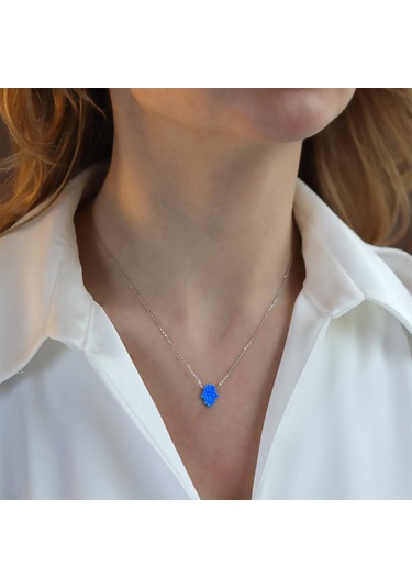 Mavi Opal Taşlı Fatma Ana Eli Gümüş Kolye Gümüş