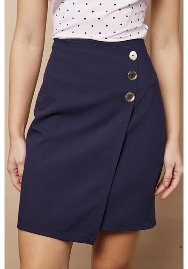 Kadın Arkadan Fermuarlı Düğme Detaylı Hafif Likralı Kumaş Diz Üstü Kalem Etek-lacivert Lacivert