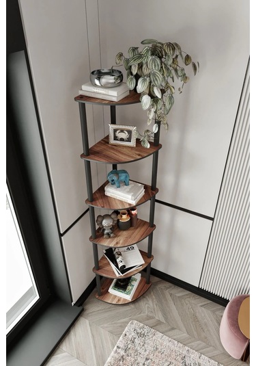 6 Katlı Dekoratif Köşe Kitaplık Ceviz Ceviz