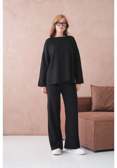 Kadın Bisiklet Yaka Düşük Kol Kazak Pantolon İkili Triko Takım Siyah