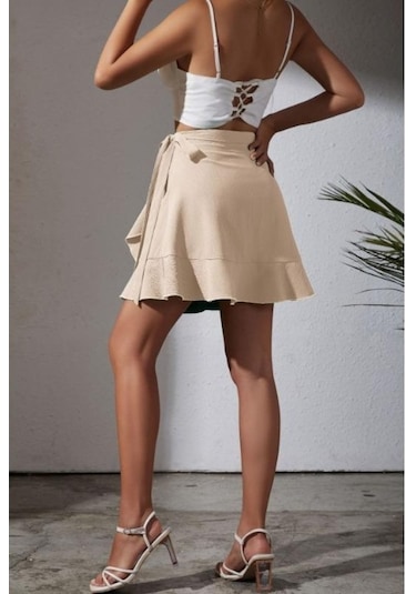 Fastbuy Yaz Mor Mor Düz Renk Fırfırlı Yüksek Bel Kravat Etek Kısa Vücut Mor